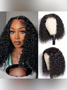 14” Water Wave Bob Nat Black Human Hair 5x5 HD Lace Closure Wig 180% Density 066